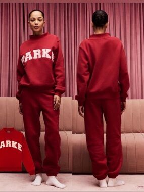 PARKE Crimson + Peony Varsity Mockneck Sweatshirt Red Oversized L XL NWT